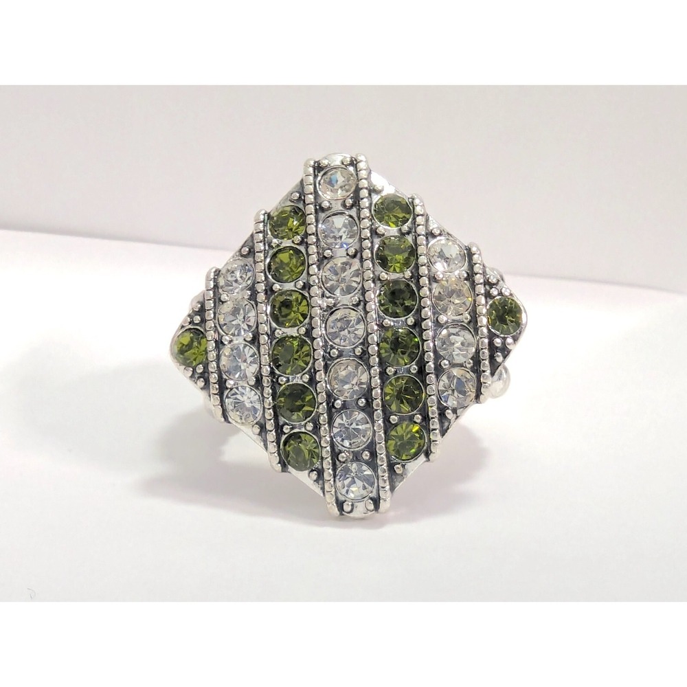 Statement‎ Ring Silver Tone Green Clear Rhinestones Stretch Plus Size Square New